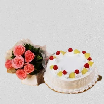 Bouquet of 6 Pink Roses and Half Kg Pineapple Cake