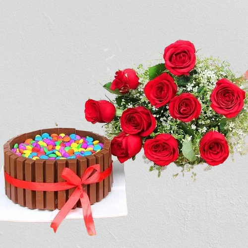 Bunch of 10 Red Roses and Half Kg Kit Kat Cake